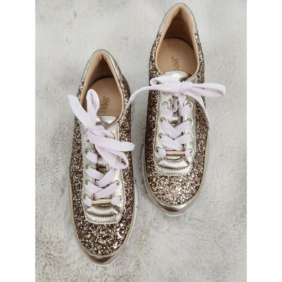 NWD JIMMY CHOO Monza Glittered Metallic Leather Sneakers Sz 35 Gold - Picture 1 of 14